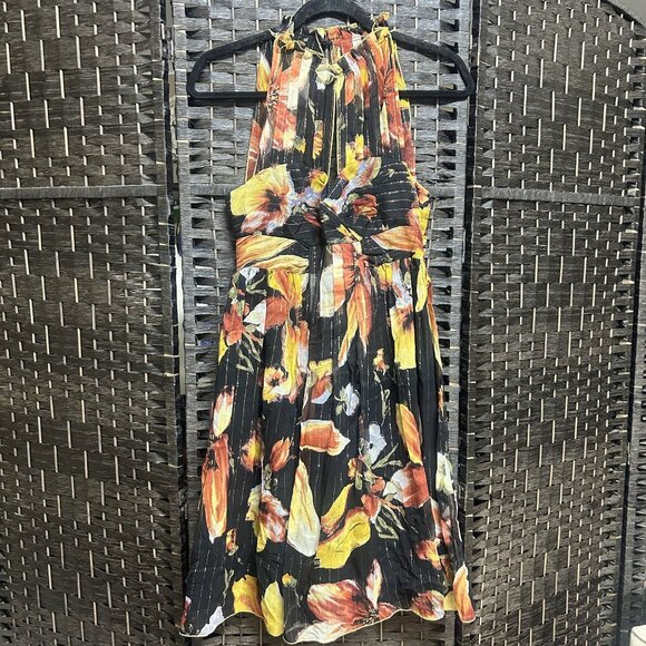 Anna Sui for Anthropologie Halter Dress Black Metallic Silk Floral Size 4 - Picture 2 of 9